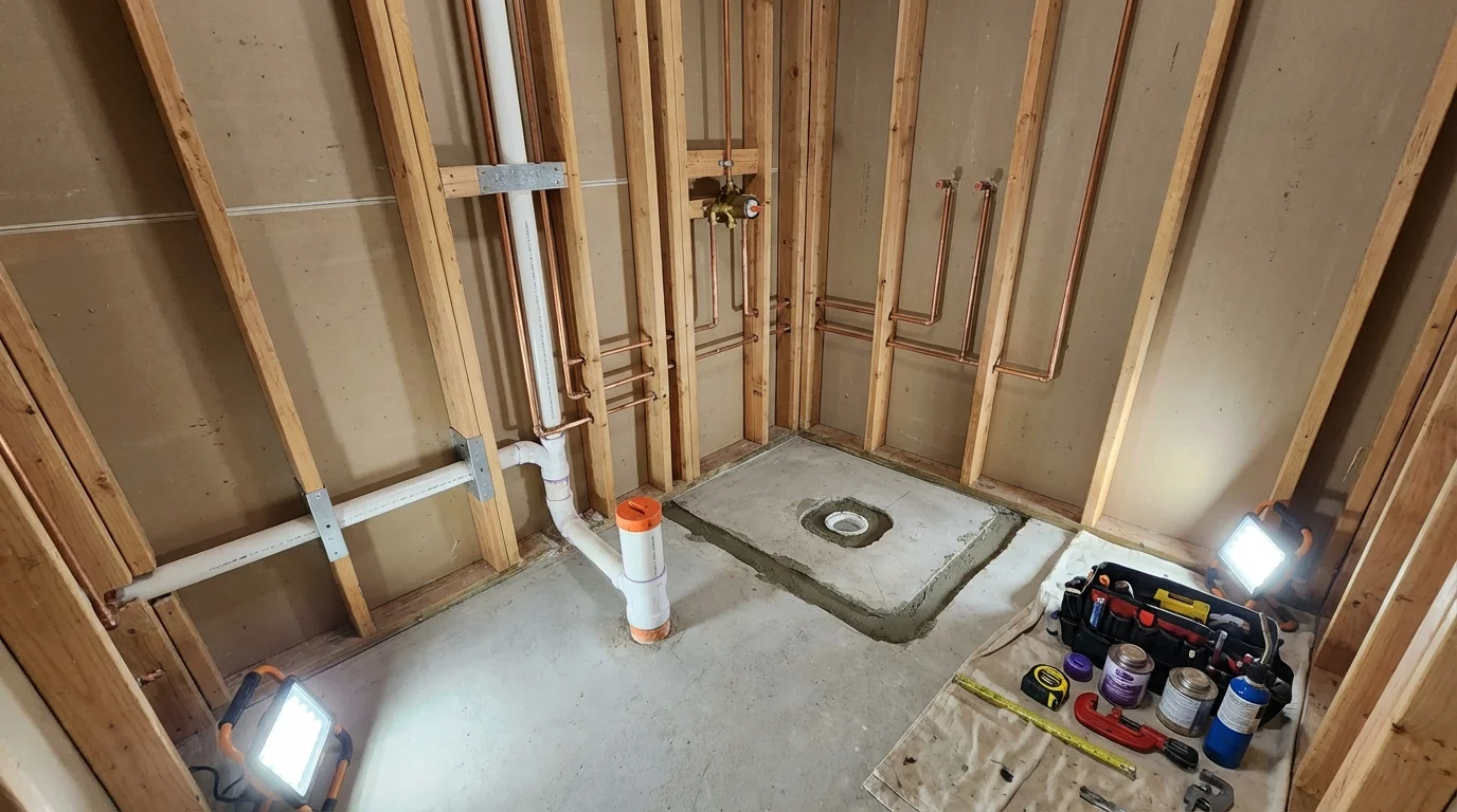 Bathroom rough-in plumbing during remodel by Johns Plumbing LLC in Scottville