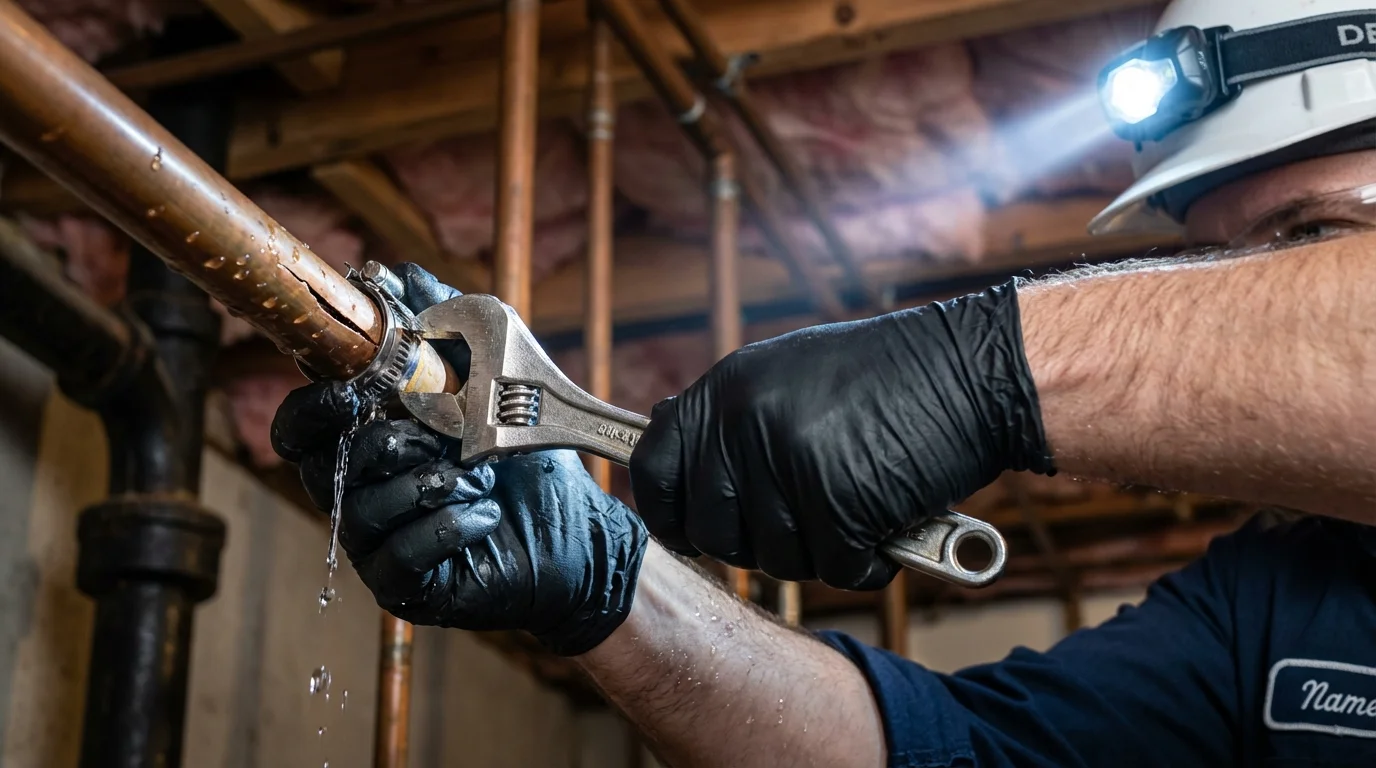 Emergency pipe clamp repair being performed by a Johns Plumbing LLC plumber in Scottville