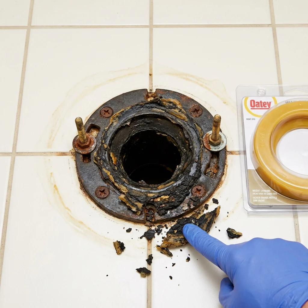 Failed wax ring showing water seepage at the base of a toilet in a Scottville, MI home