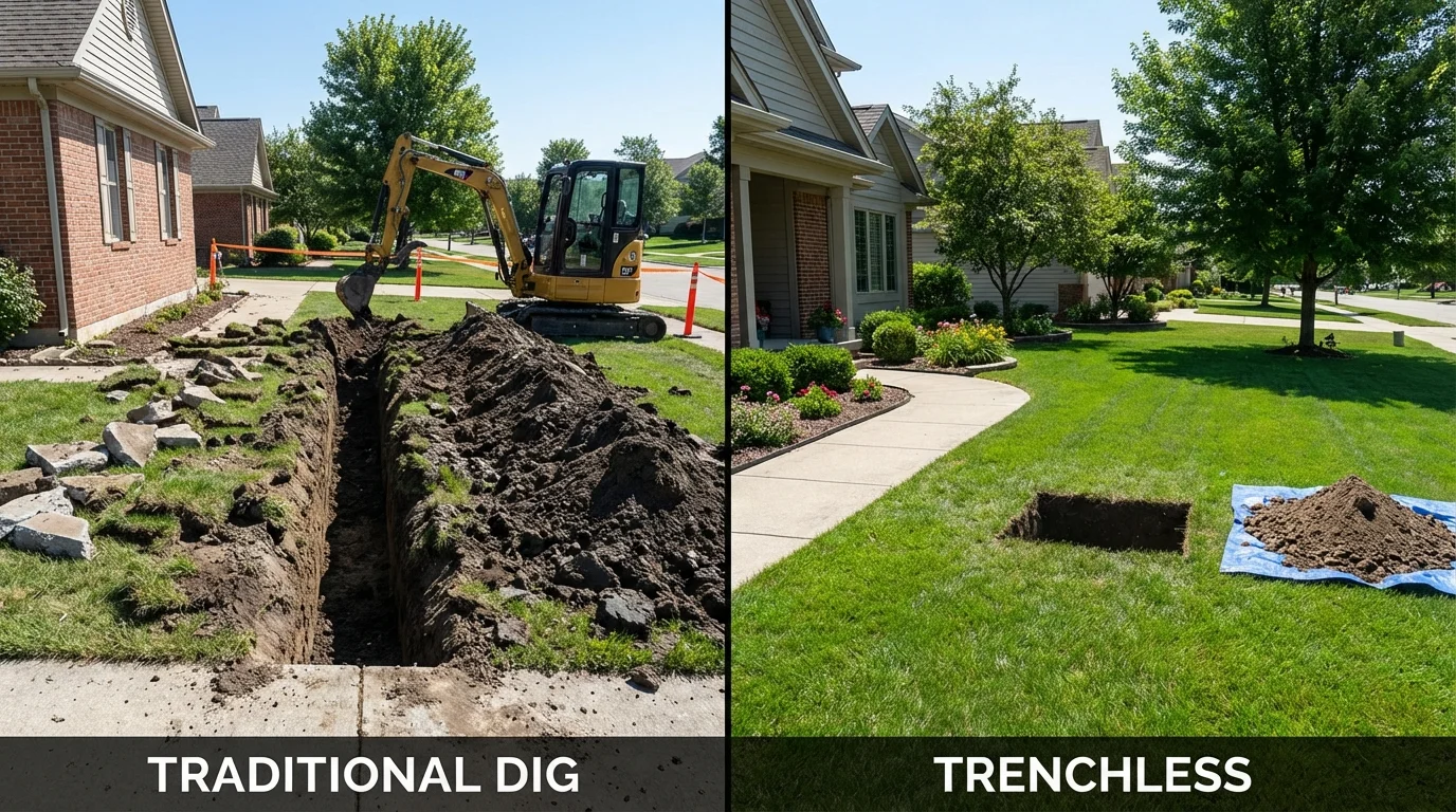 Trenchless sewer repair with minimal yard damage versus traditional excavation in Scottville, MI