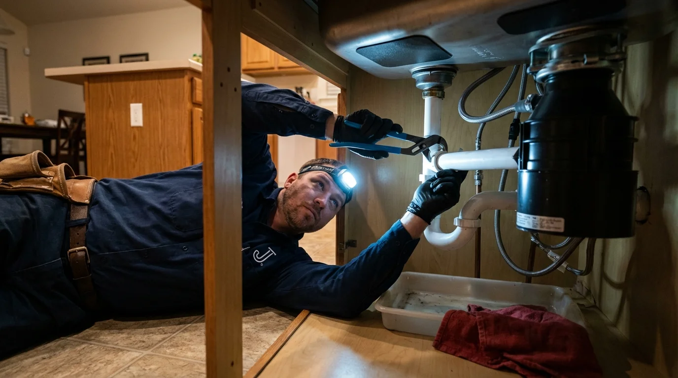 P-trap and supply line connections under a kitchen sink showing a common leak point in Scottville, MI